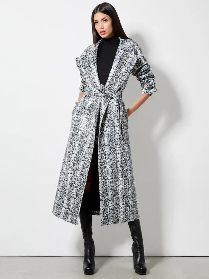 Alice Olivia JARRETT VEGAN SNAKE STRONG SHOULDER MAXI COAT Off Whiteblack Python Women Jackets Coats