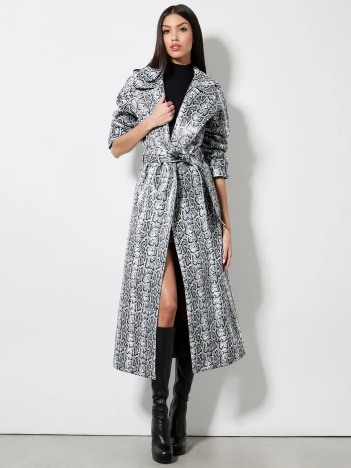 Alice Olivia JARRETT VEGAN SNAKE STRONG SHOULDER MAXI COAT Off Whiteblack Python Women Jackets Coats