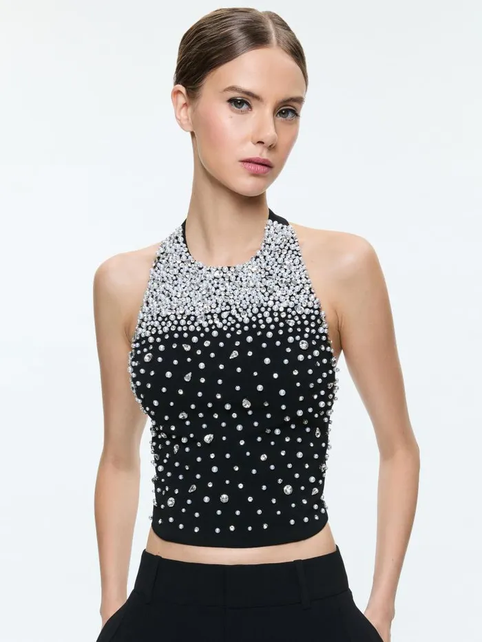 Alice Olivia KIESHA EMBELLISHED HALTER CROPPED TOP Blacksilver Women Tops