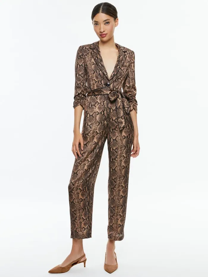 Alice Olivia LOUETTA PLEATED TUXEDO JUMPSUIT Camelblack Snake Women Jumpsuits Rompers