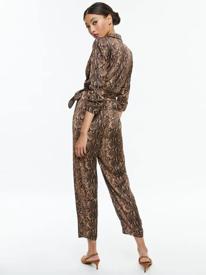 Alice Olivia LOUETTA PLEATED TUXEDO JUMPSUIT Camelblack Snake Women Jumpsuits Rompers