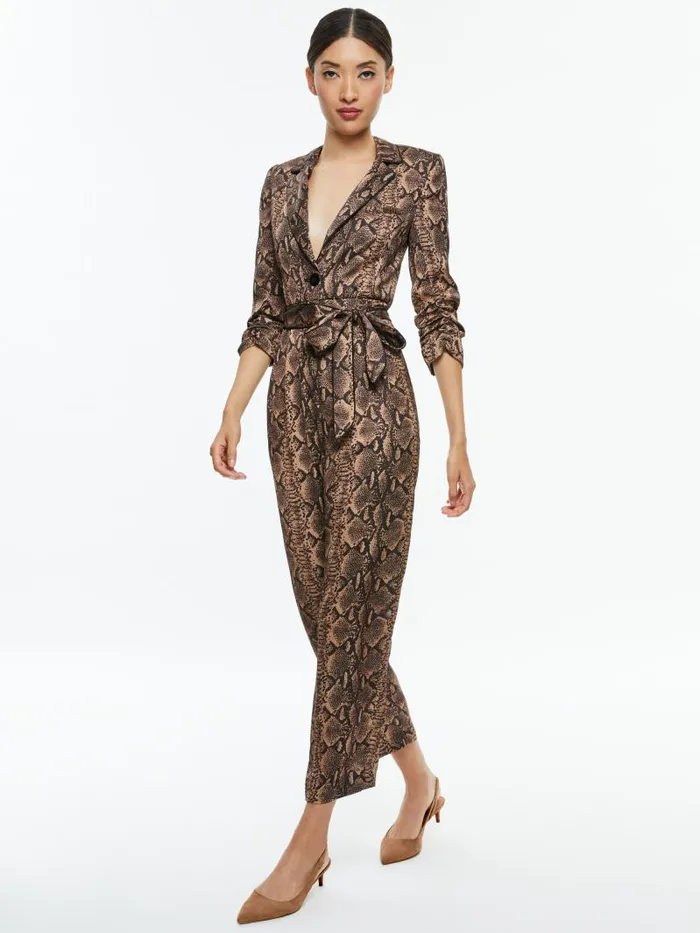 Alice Olivia LOUETTA PLEATED TUXEDO JUMPSUIT Camelblack Snake Women Jumpsuits Rompers