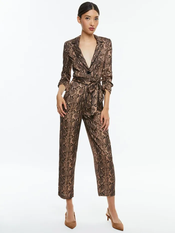 Alice Olivia LOUETTA PLEATED TUXEDO JUMPSUIT Camelblack Snake Women Jumpsuits Rompers