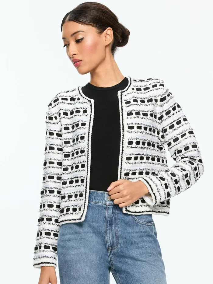 Alice Olivia MARJORIE TEXTURED TWEED STITCH CARDIGAN JACKET Soft Whiteblack Women Jackets Coats