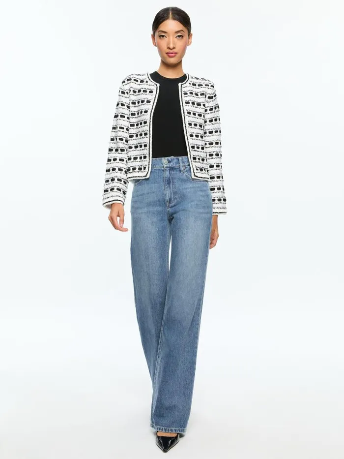 Alice Olivia MARJORIE TEXTURED TWEED STITCH CARDIGAN JACKET Soft Whiteblack Women Jackets Coats