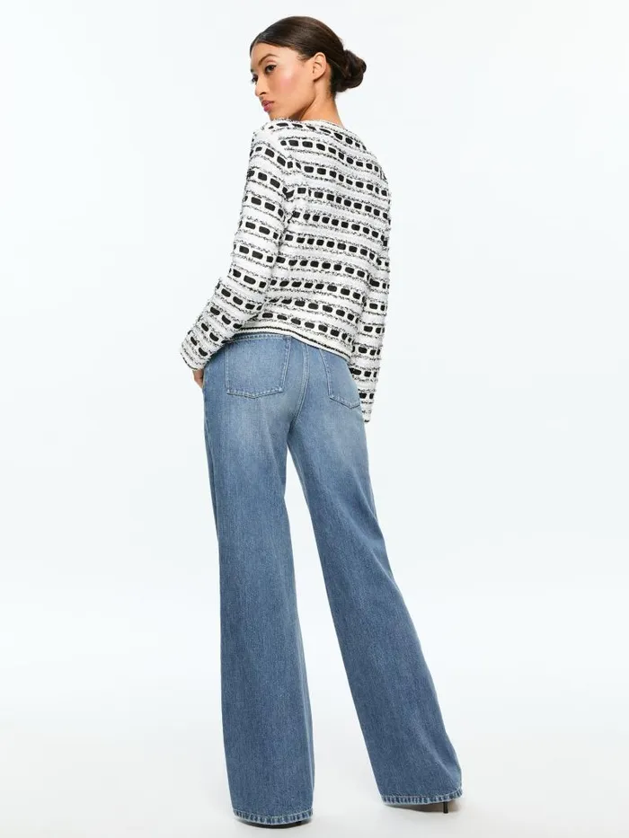 Alice Olivia MARJORIE TEXTURED TWEED STITCH CARDIGAN JACKET Soft Whiteblack Women Jackets Coats