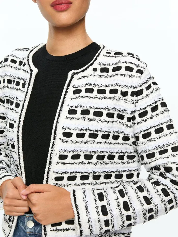 Alice Olivia MARJORIE TEXTURED TWEED STITCH CARDIGAN JACKET Soft Whiteblack Women Jackets Coats