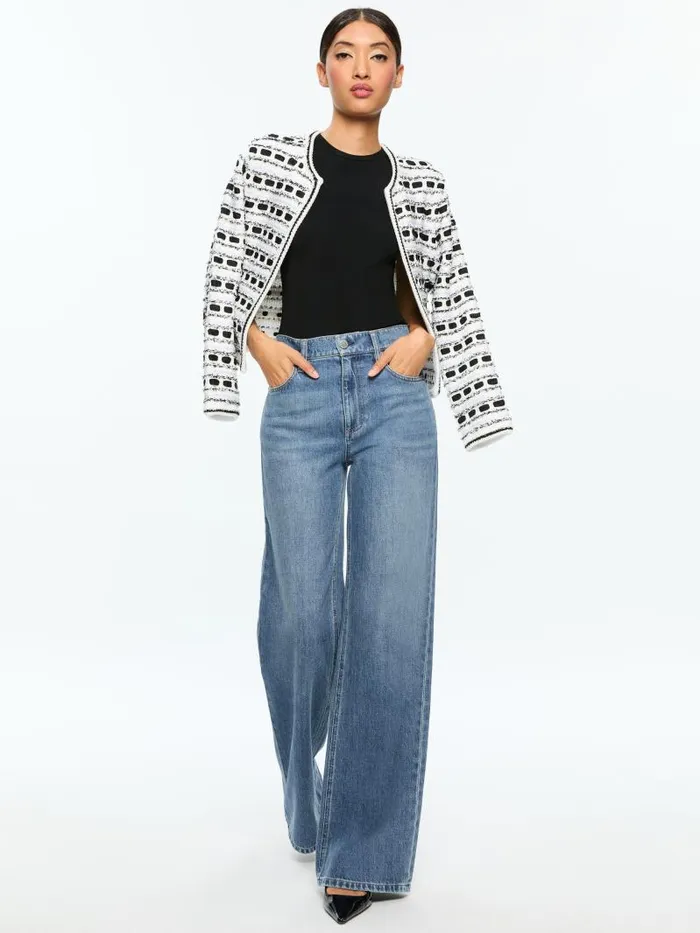 Alice Olivia MARJORIE TEXTURED TWEED STITCH CARDIGAN JACKET Soft Whiteblack Women Jackets Coats