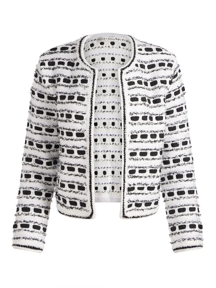 Alice Olivia MARJORIE TEXTURED TWEED STITCH CARDIGAN JACKET Soft Whiteblack Women Jackets Coats