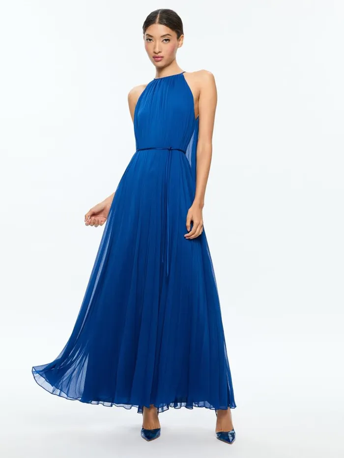 Alice Olivia MATIRA TIE NECK DRAMA PLEATED MAXI DRESS Royal Women Dresses