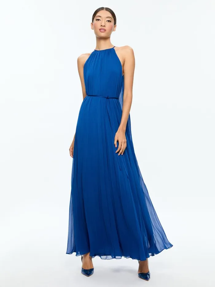 Alice Olivia MATIRA TIE NECK DRAMA PLEATED MAXI DRESS Royal Women Dresses