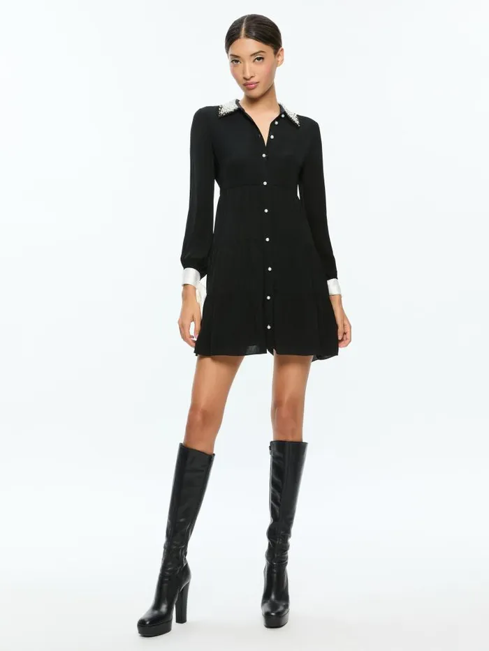 Alice Olivia MEEKO EMBELLISHED COLLAR LONG SLEEVE MINI SHIRT DRESS Black Women Dresses