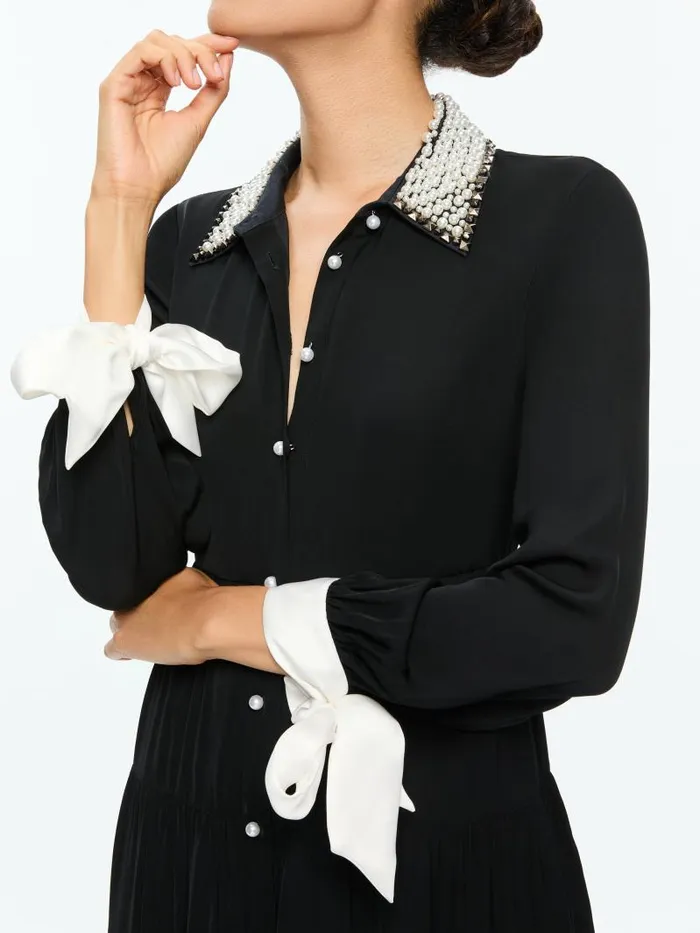 Alice Olivia MEEKO EMBELLISHED COLLAR LONG SLEEVE MINI SHIRT DRESS Black Women Dresses