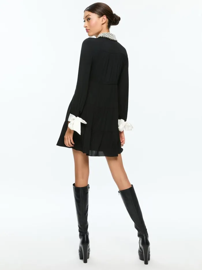 Alice Olivia MEEKO EMBELLISHED COLLAR LONG SLEEVE MINI SHIRT DRESS Black Women Dresses