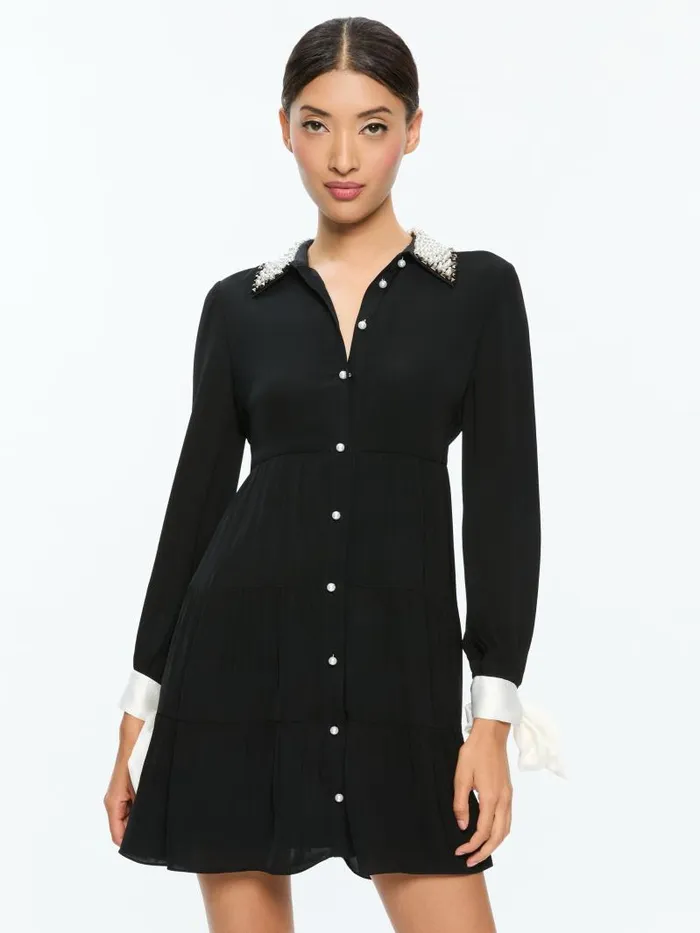 Alice Olivia MEEKO EMBELLISHED COLLAR LONG SLEEVE MINI SHIRT DRESS Black Women Dresses