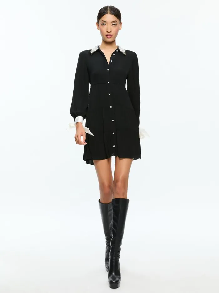 Alice Olivia MEEKO EMBELLISHED COLLAR LONG SLEEVE MINI SHIRT DRESS Black Women Dresses