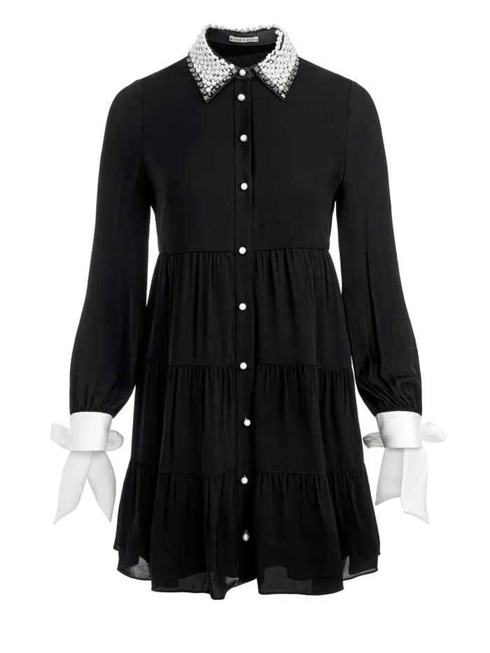 Alice Olivia MEEKO EMBELLISHED COLLAR LONG SLEEVE MINI SHIRT DRESS Black Women Dresses