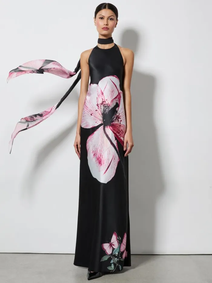 Alice Olivia MONTANA COWL STRAP BACK MAXI GOWN WITH SCARF Luna Floral Women Dresses