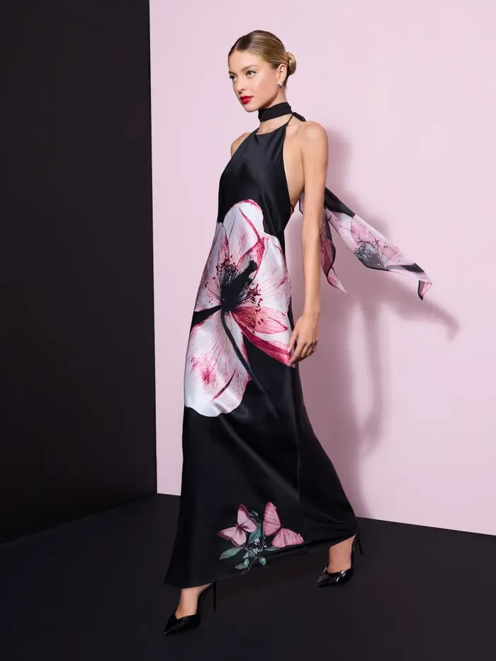 Alice Olivia MONTANA COWL STRAP BACK MAXI GOWN WITH SCARF Luna Floral Women Dresses