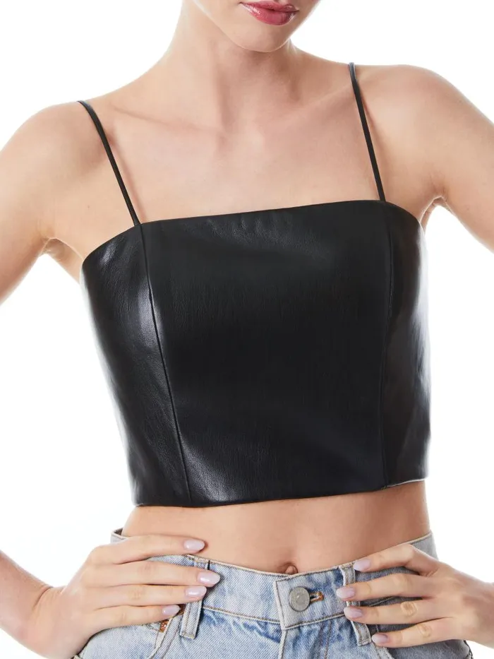 Alice Olivia PEARLE VEGAN LEATHER SPAGHETTI STRAP BUSTIER Black Women Tops