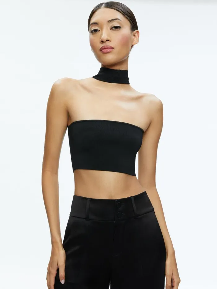Alice Olivia RAYA MOCK NECK RACERBACK CROPPED PULLOVER Black Women Tops