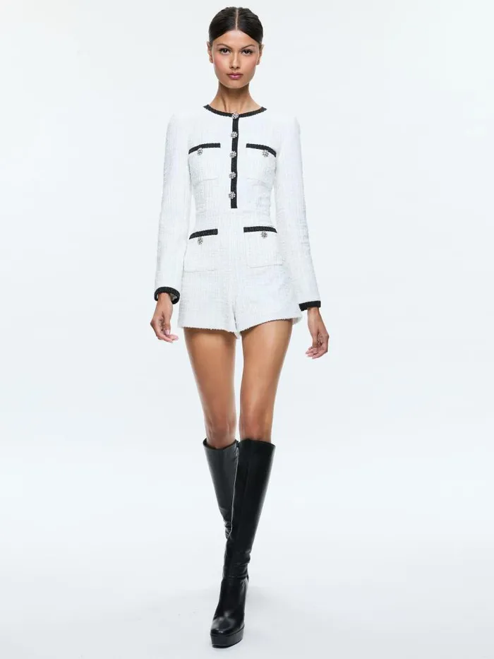 Alice Olivia SHILOH BUTTONFRONT PATCH POCKET ROMPER Off Whiteblack Women Jumpsuits Rompers