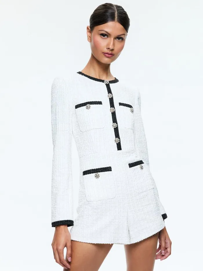 Alice Olivia SHILOH BUTTONFRONT PATCH POCKET ROMPER Off Whiteblack Women Jumpsuits Rompers