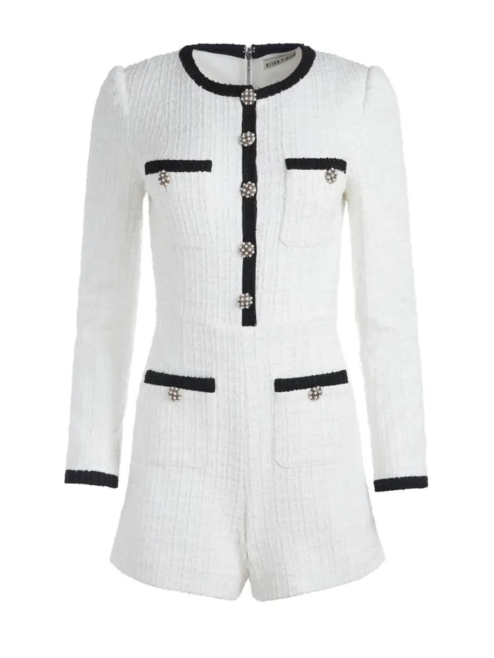 Alice Olivia SHILOH BUTTONFRONT PATCH POCKET ROMPER Off Whiteblack Women Jumpsuits Rompers
