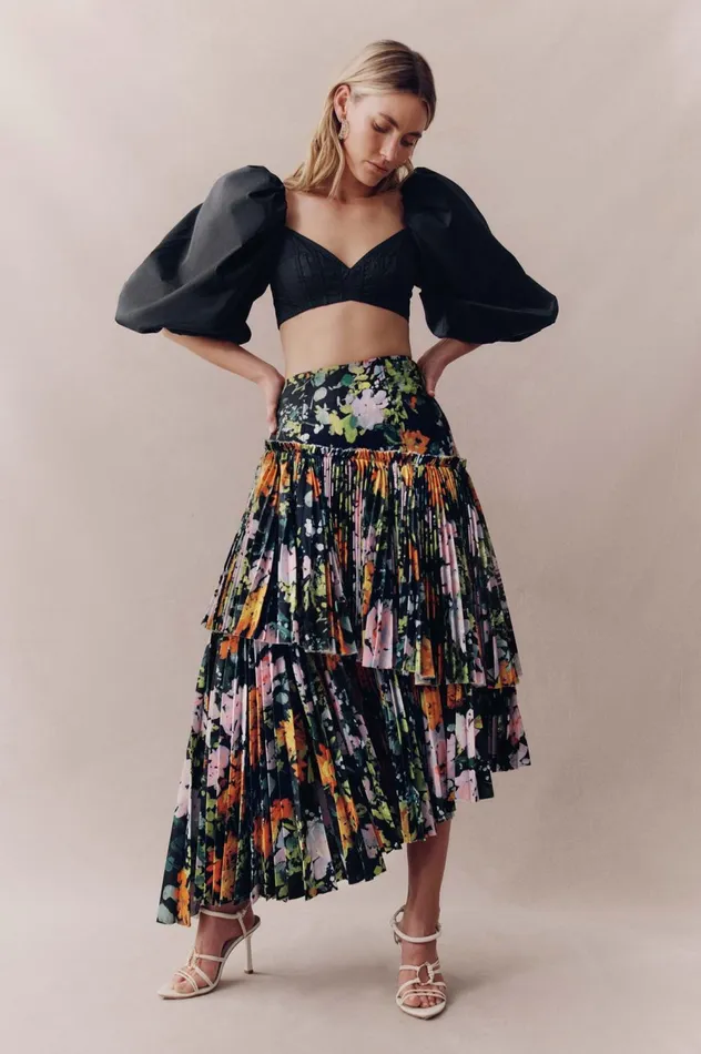 Alice Pleated Asymmetric Midi Skirt Midnight Floral Women Aje Skirts