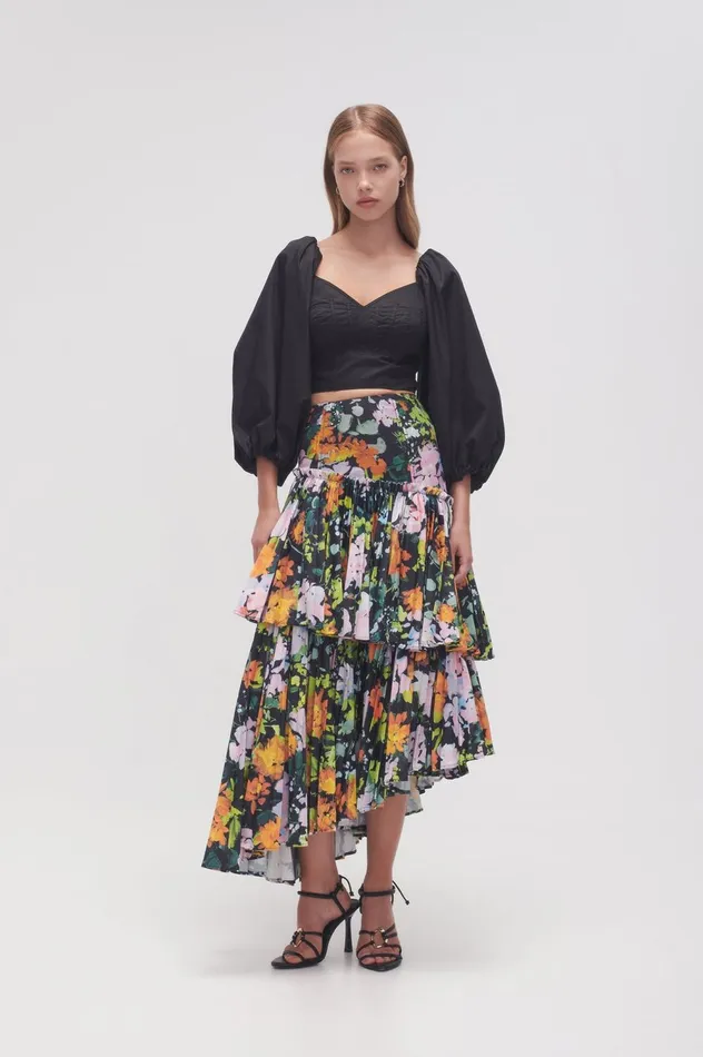 Alice Pleated Asymmetric Midi Skirt Midnight Floral Women Aje Skirts