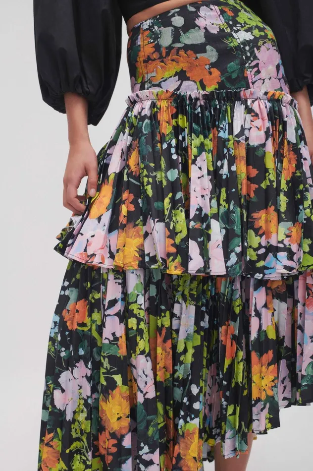 Alice Pleated Asymmetric Midi Skirt Midnight Floral Women Aje Skirts