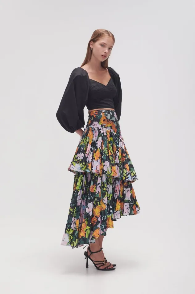 Alice Pleated Asymmetric Midi Skirt Midnight Floral Women Aje Skirts