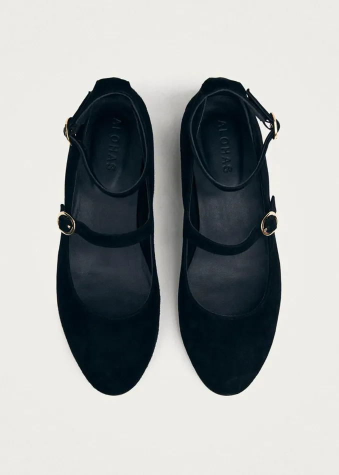Ballet Flats Women ALOHAS Evelyn Suede Black Leather Ballet Flats