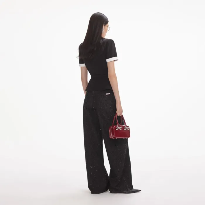 Black Crepe Contrast Top Women Self Portrait Tops Black Crepe Contrast Top Women Self Portrait Tops