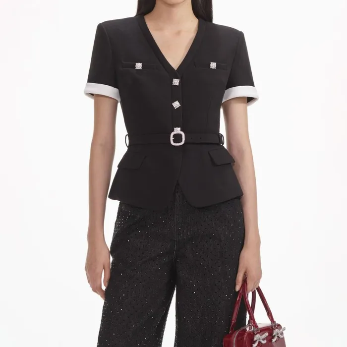 Black Crepe Contrast Top Women Self Portrait Tops Black Crepe Contrast Top Women Self Portrait Tops