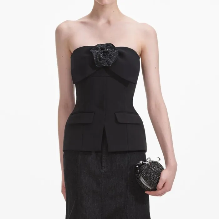 Black Crepe Corsage Top Women Self Portrait Tops Black Crepe Corsage Top Women Self Portrait Tops
