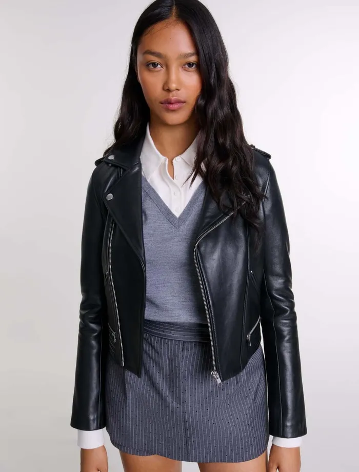 Blazers and Jackets Women Maje Leather BikerStyle Jacket Black Blazers and Jackets Women Maje Leather BikerStyle Jacket Black