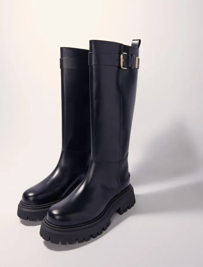 Booties and Boots Women Maje Buckled Leather Boots Black