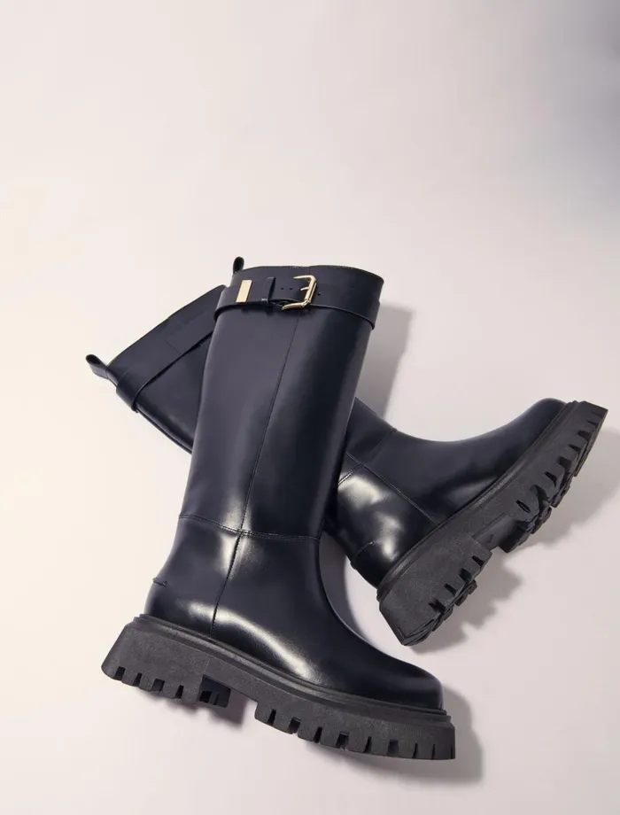 Booties and Boots Women Maje Buckled Leather Boots Black