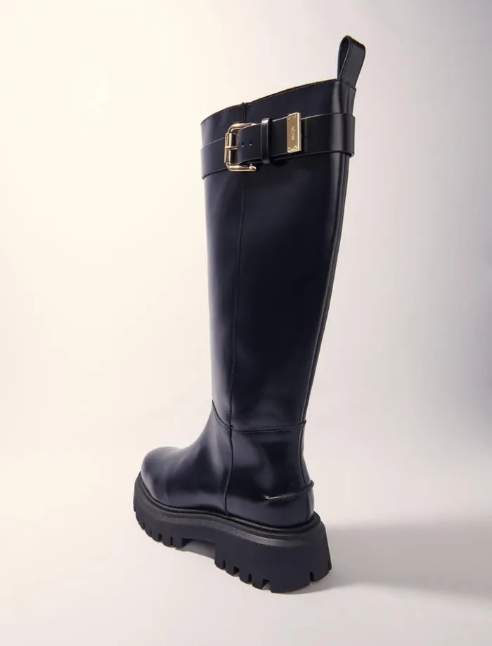 Booties and Boots Women Maje Buckled Leather Boots Black