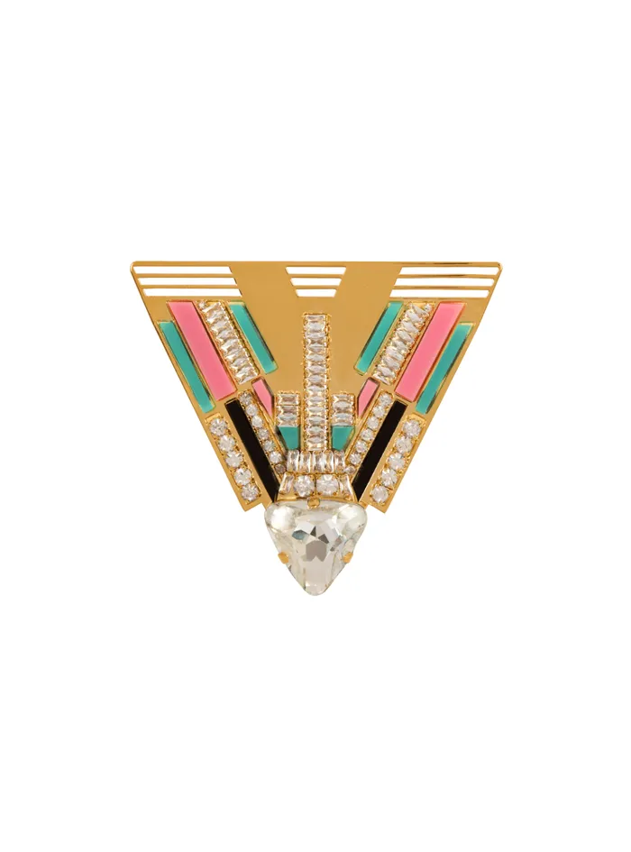 Brass And Crystal Art Deco Brooch Multicolor Women Balmain Fashion Jewelry