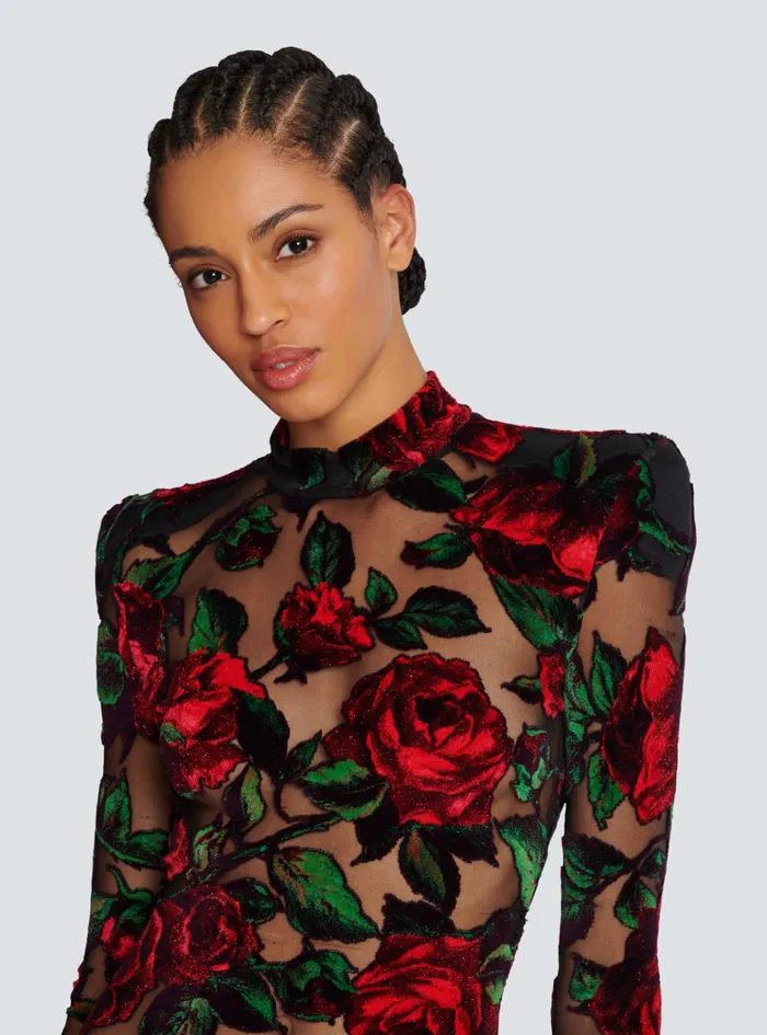 Burnout Velvet Dress With Rose Print Red Women Balmain Dresses