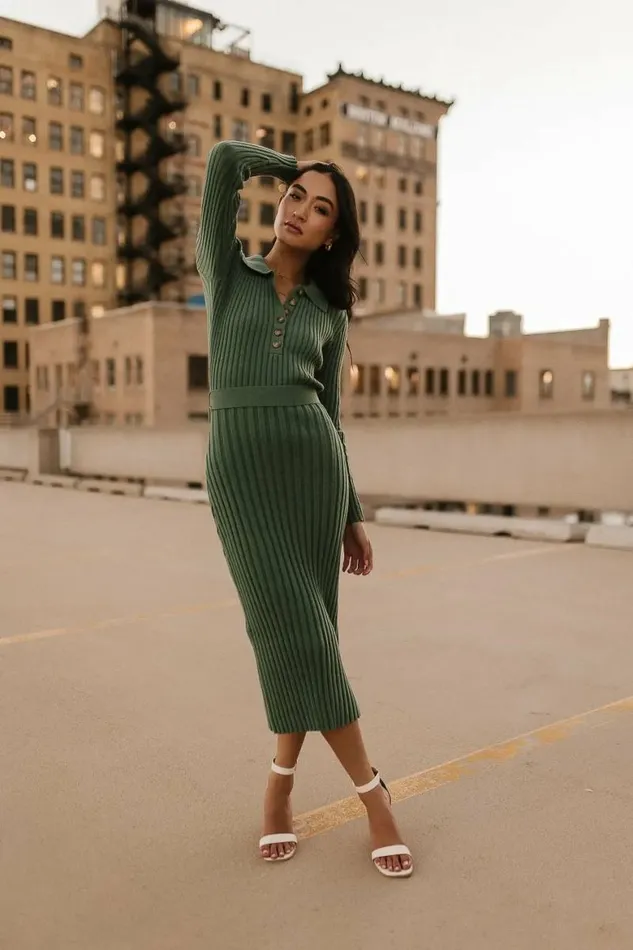 Carden Ribbed Midi Dress In Green Green Women Bohme Dresses