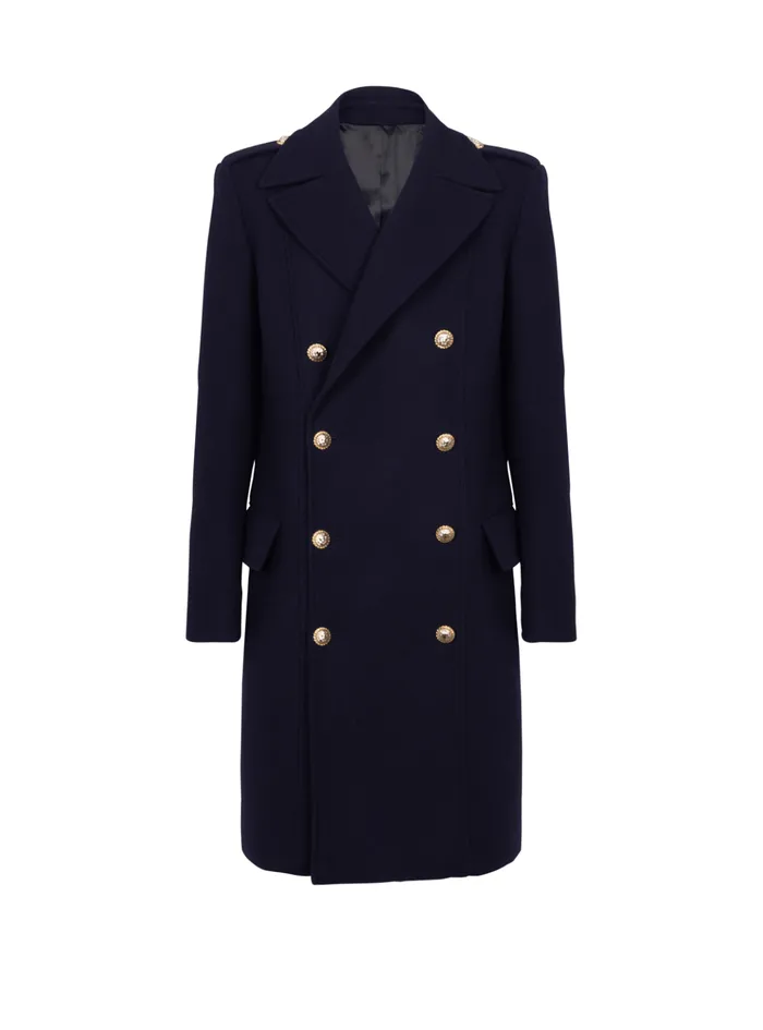 Coat In Felted Doublefaced Wool Navy Men Balmain Outerwear