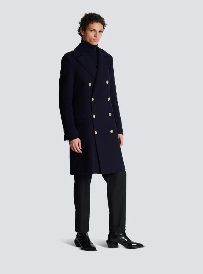 Coat In Felted Doublefaced Wool Navy Men Balmain Outerwear