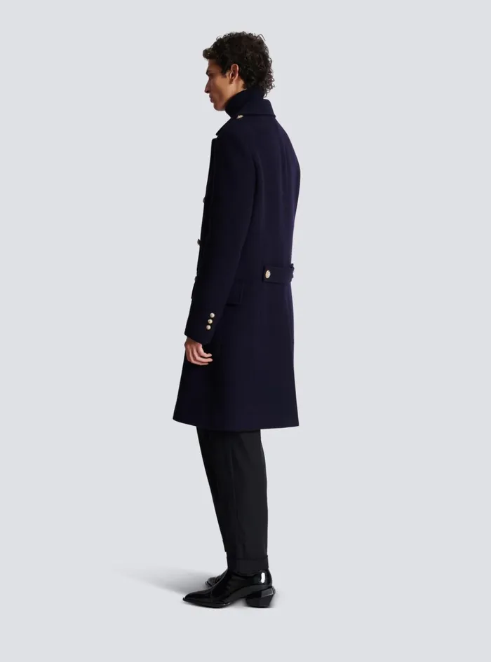 Coat In Felted Doublefaced Wool Navy Men Balmain Outerwear