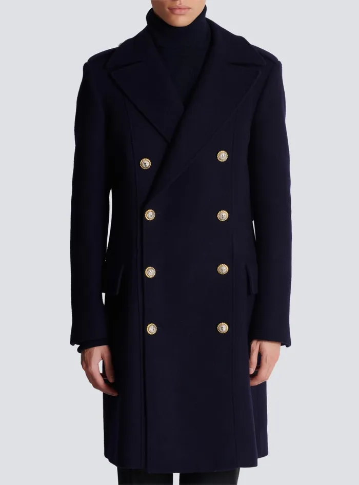 Coat In Felted Doublefaced Wool Navy Men Balmain Outerwear