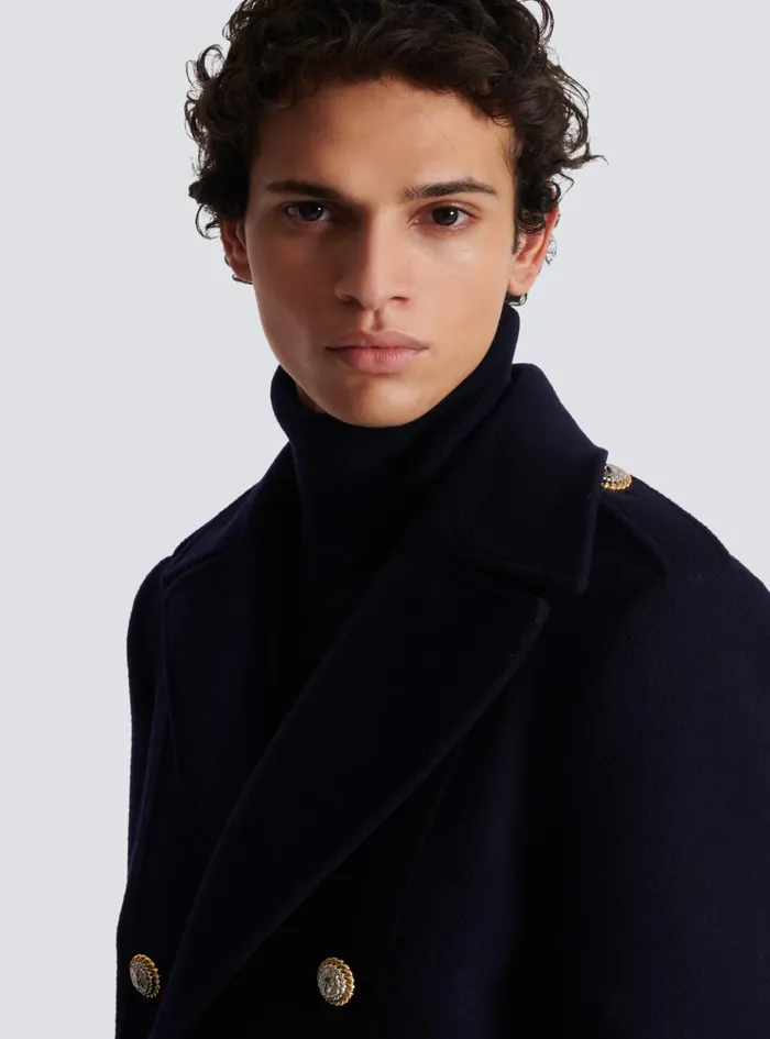 Coat In Felted Doublefaced Wool Navy Men Balmain Outerwear