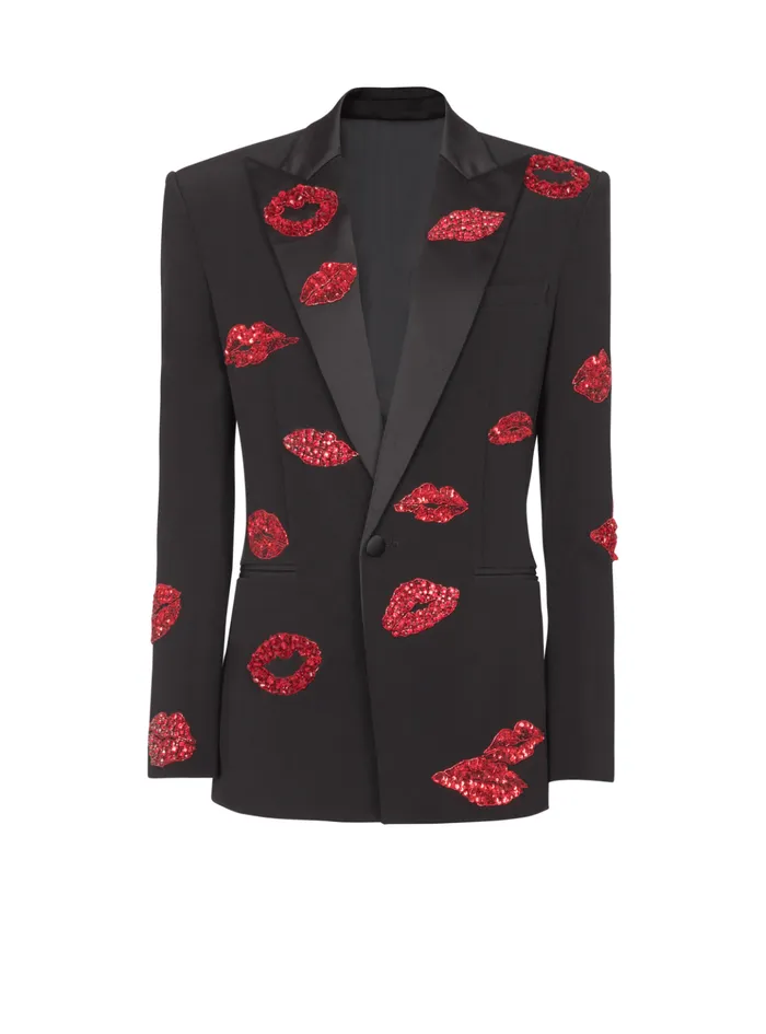 Crepe 1button Jacket With Kiss Embroidery Black Men Balmain Jackets And Blazers