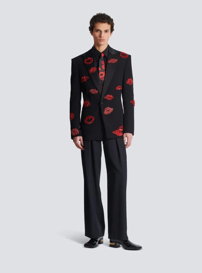 Crepe 1button Jacket With Kiss Embroidery Black Men Balmain Jackets And Blazers